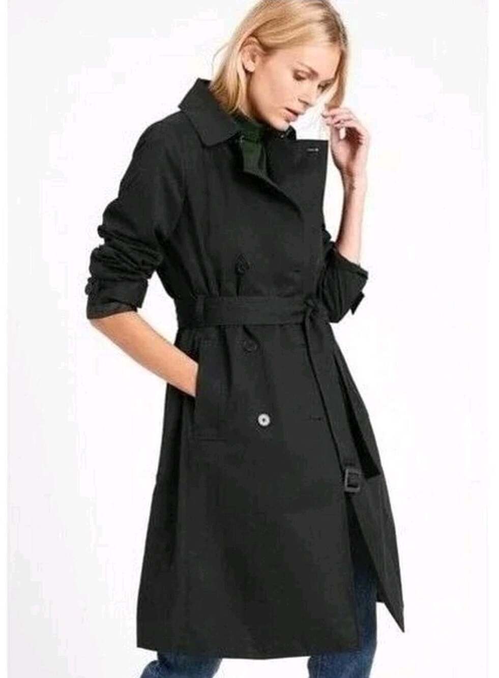 Banana Republic Womens Black Belted Double Breasted Trench Coat Jacket Size L